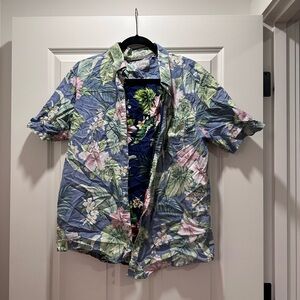 7 Diamonds Button Up Short Sleeve Shirt Mens XXL, Blue‎ Land Of Flowers Hawaiian